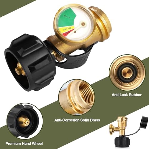 2 PCS Propane Tank Gauge with Leak Detector – Universal Level Indicator for 5-40lb Tanks – QCC1/Type 1 Connection – Brass Construction for BBQ Grills, Camping Stoves & Heaters RV Camper