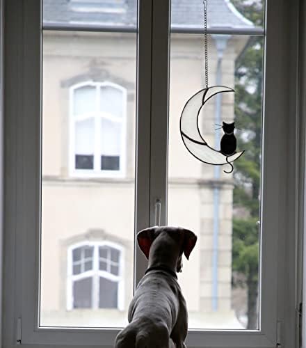 Black Cat Decor On White Moon Stained Glass Window Hanging Suncatcher for Windows Panels Sun Catcher Halloween Ornament Decoration Memorial Gift for Lover Cat Loss