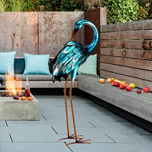 chisheen Crane Garden Statues, Metal Garden Crane Outdoor, Blue Heron Sculpture Metal Yard Art, Large Heron Decoy, Bird Statues, Lawn Ornaments for Backyard Pond Patio Porch Outside Decorations