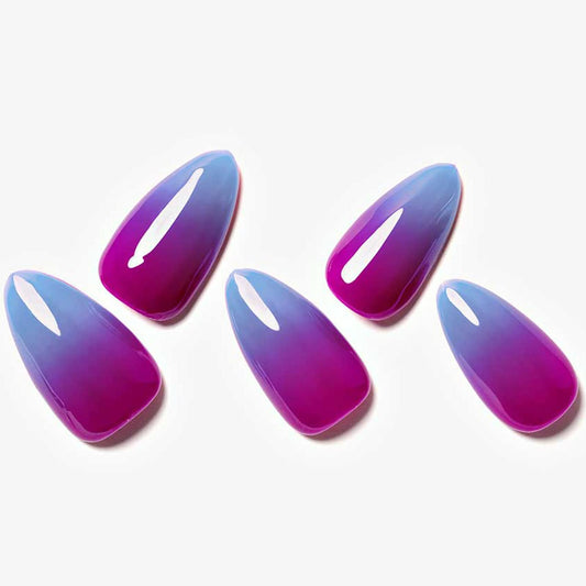 GLAMERMAID Press on Nails Medium Almond, Handmade Purple Blue Temperature Change Gel Glue on Nail, 24Pcs Glossy Short Stiletto Reusable UV Finish Fake Nails Acrylic False Nails Manicure Kits for Women