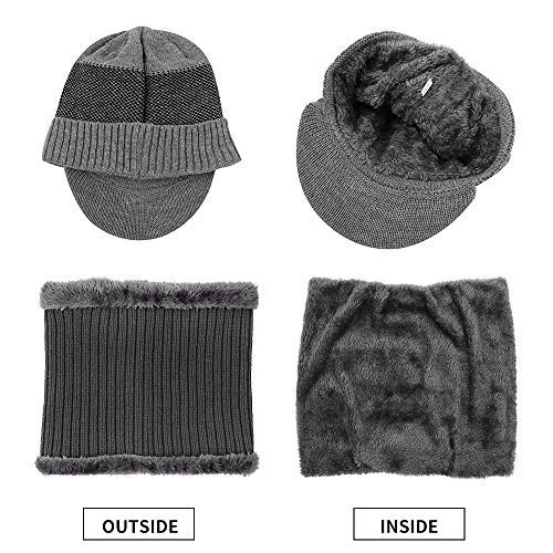 XIAOHAWANG 2-Pieces Winter Hat Scarf Set Knit Cable Visor Beanie Warm Scarves Fleece Lining Patchwork Stripe Newsboy Cap with Brim for Outdoor Sport(Grey)
