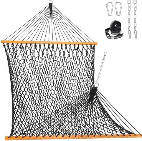 Lazy Daze Hammocks Double Rope Hammock, 2 Person Traditional Outdoor Hand Woven Cotton Rope Hammock with Spreader Bar, Chains, Tree Straps for Patio Yard - Max 450 Lbs, Dark Grey
