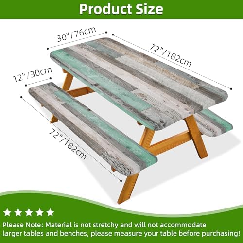 Picnic Table Cover with Bench Covers Farmhouse Waterproof Windproof Fitted Outdoor Tablecloth with Elastic Rectangle Table Cloth Camping Must Haves Rv Accessories,72x30 Inch (Wood Green)