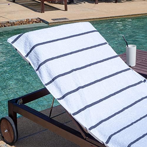 Arkwright Las Rayas Chaise Lounge Cover - Pack of 2 - Terry Towel 100% Striped Soft Cotton with Pocket Holder for Beach Pool Outdoor Chair, 30 x 85 in, Dark Grey