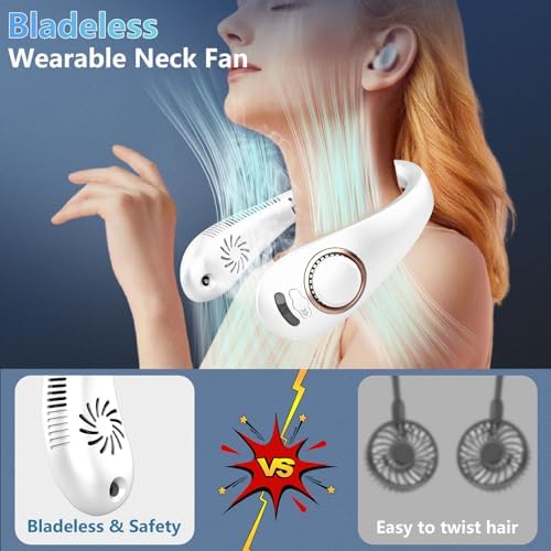 Neck Fan Rechargeable-Misting Neck Fans that Blow Cold Air,Folding Neck Cooling Fan with LED Display&5 Fan Speeds,Indoor Outdoor Hanging Bladeless Battery Powered Neck Cooler for Women Men Kids White