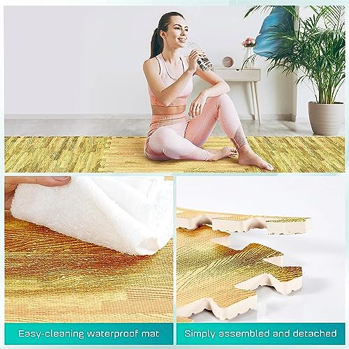 Yes4All 12SQ.FT Wood Grain Puzzle Exercise Mat Protective Flooring, EVA Interlocking Foam Floor Tiles with Border for Home