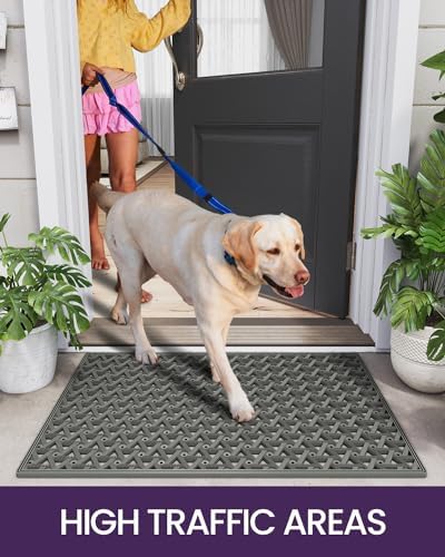DEXI Front Door Mat Outside Entrance Rubber 24x36, Welcome Floor Doormat Heavy Duty Non Slip, Dirt Trapper Waterproof Exterior Entry Mats All Weather for Patio Entryway Drainage, Grey