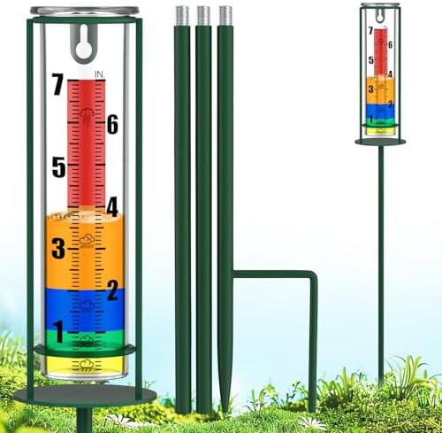 Rain Gauge Outdoor, 7" Capacity Rain Gauge with Metal Stake, Glass Rain Gauge Outdoors Best Rated Decorative for Yard, Garden, Deck, Lawn, Landscape(Colorful)
