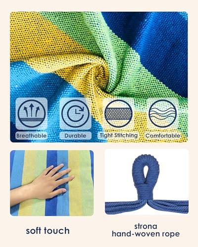 Highwild Hanging Rope Hammock Chair Swing Seat for Any Indoor or Outdoor Spaces - 500 lbs Weight Capacity (Blue Striped.)