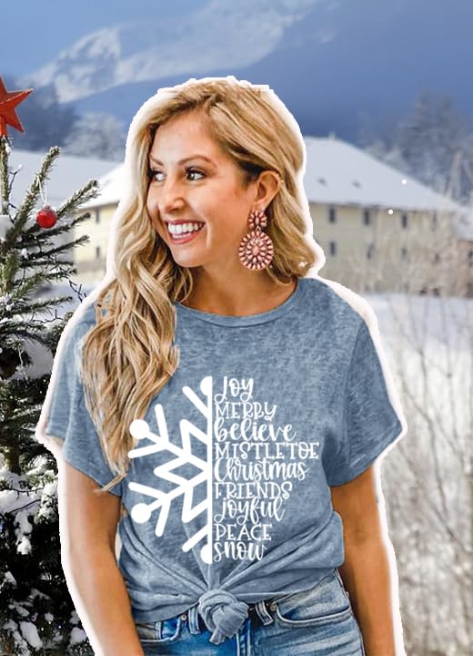 Merry Christmas Snowflake Shirt Women Xmas Winter T-Shirt Santa Family Outfit Joyful Faith Believe Blessed Top, Ink Blue S