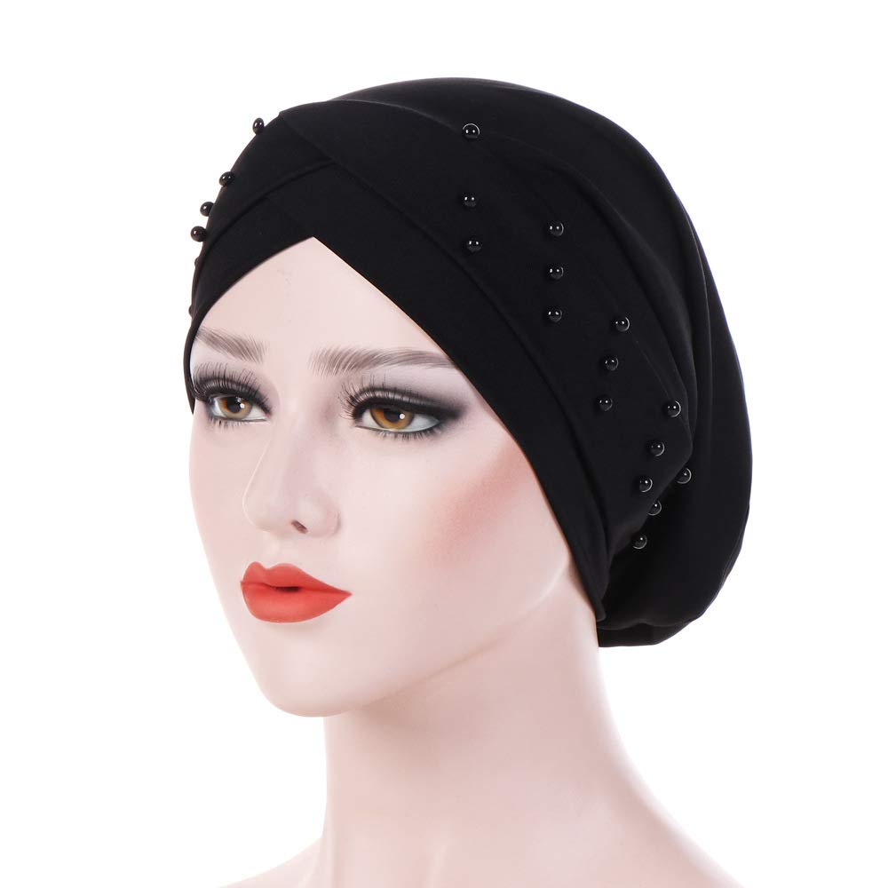 Fxhixiy Women Turban Head Wrap Pre-Tied Beaded Silky Cap Chemo Beanies Chemical Cancer Hair Cover Hat (Black)