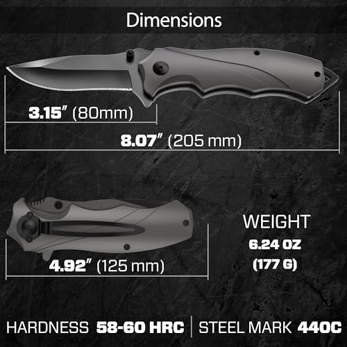 Grand Way Tactical Knife for Men - Black Pocket Knife - Best Spring Assisted Knife with Glass Breaker and Pocket Clip - Cool Folding Knives for Military Work Camping - Birthday Gifts for Dad 6495 B