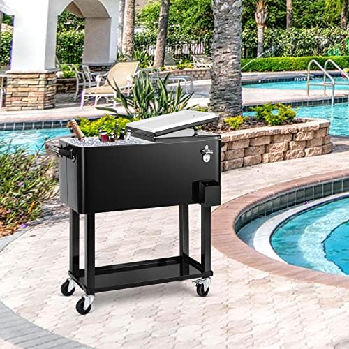EDOSTORY 80 Quart Rolling Ice Chest Cooler Cart,Patio Backyard Party Drink Beverage Bar Stand Up Cooler Trolley with Ice Scoop