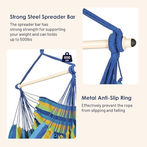 Highwild Hanging Rope Hammock Chair Swing Seat for Any Indoor or Outdoor Spaces - 500 lbs Weight Capacity (Blue Striped.)