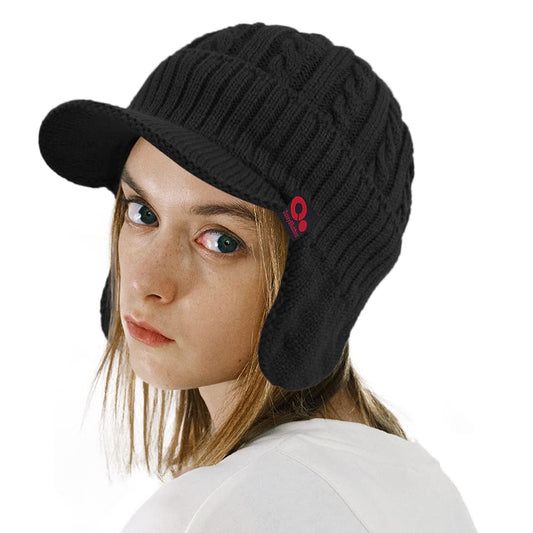 Women's Winter Cable Knitted Visor Beanie Fleece Lining Ear Flap Baseball Cap Hunting Trapper Hat with Billed (Black), One Size-Medium