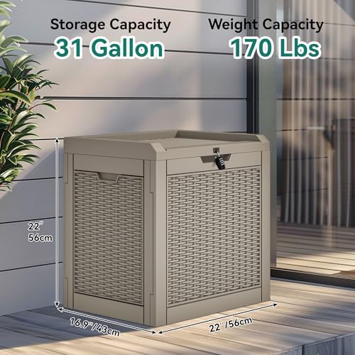 YITAHOME 32 Gallon Outdoor Storage Box, Water Resistant Resin Deck Box, Indoor Outdoor Lockable Storage Container for Patio, Garden, Cushions, Tools, Equipment(Brown)