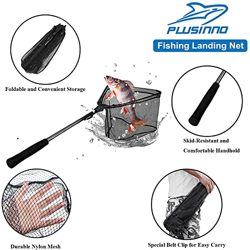 PLUSINNO Fishing Net Fish Landing Net, Foldable Collapsible Telescopic Pole Handle, Durable Nylon Material Mesh, Safe Fish Catching or Releasing