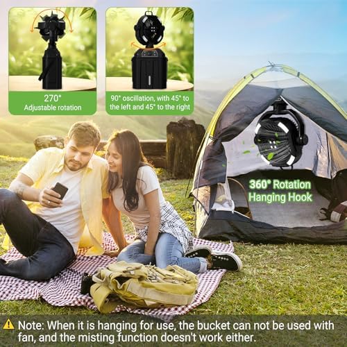Portable Misting Fan for Outdoor Patio, 20000mAh Rechargeable Battery Operated Camping Mist Fan with 1.6 Gal Water Bucket, Strong Winds Cooling Mister for Outside Sports/Travel/Party/Golf/Tent, Black