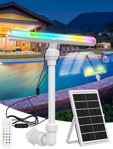 Solar Pool Fountain with 15-Color 10-Mode LED Lights, Above/Inground Pool Fountain Waterfall with Remote & Solar Panel, Adjustable Pool Sprinkler Relaxation & Cooling 10–20°F