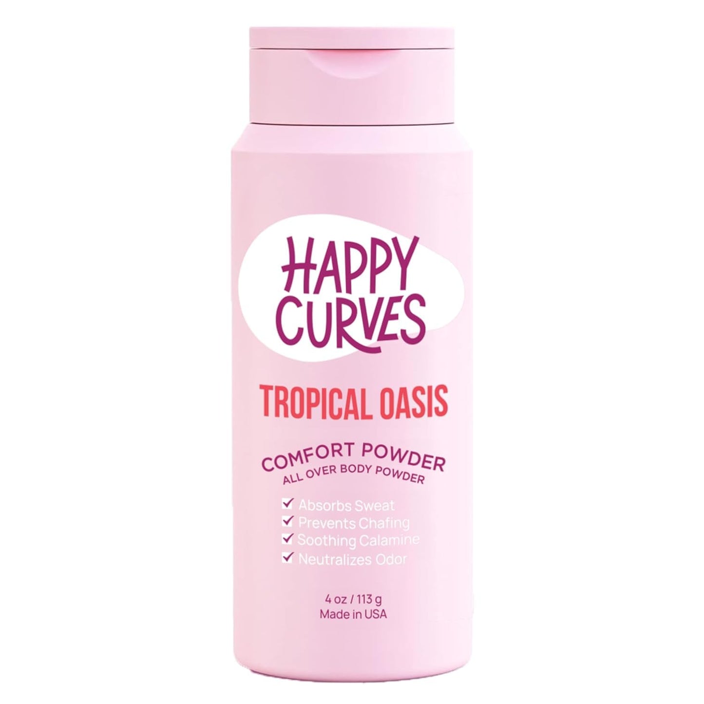 HAPPY CURVES Comfort Powder: Talc Free Anti Chafe Body & Foot Powder Deodorant to Control Inner Thigh Chafing, Private Areas, and All Over Body for Women 4 oz. (1 Pack, Tropical Oasis)