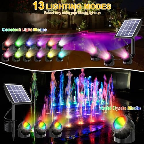 RGB Solar Pond Lights, 13 Lighting Modes Submersible LED Fountain Lights, Smart Auto ON/Off Color Changing Pond Light with IP68 Waterproof for Fish Aquarium Tank Garden Yard Pool, 2200mAh (3-in-1)