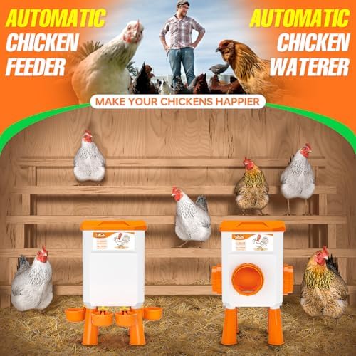 Chicken Feeder and Waterer Set, Chicken Coop Accessories, 3.1 Gallon/24.2 Pounds, Automatic Chick Feeder and Waterer Set No Waste
