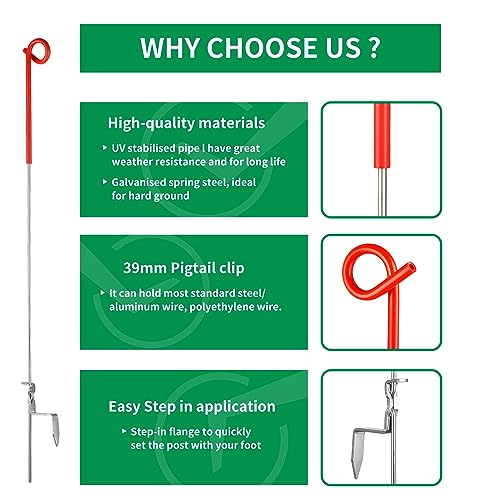 Fence Shock 41 Inches Systems Pig Tail Step-in Fence Post, Stainless Steel for Garden and Farm, Portable Fence Ideal for Electric Fencing - Pack of 30 Red