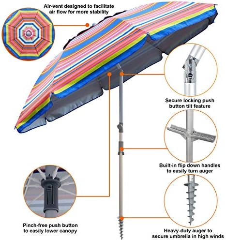 Blissun 7.2' Beach Umbrella with Sand Anchor, Outdoor Portable Beach Umbrella for Sand with Tilt Pole, Carry Bag, Air Vent