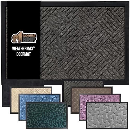GORILLA GRIP 100% Waterproof All-Season WeatherMax Doormat, Durable Natural Rubber, Stain and Fade Resistant, Low Profile, Indoor Outdoor Door Mats, Easy Clean Patio Entrance Mat, 17x29, Gray Diamond