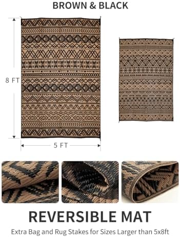 MontVoo-Outdoor Rug Carpet Waterproof 5x8 ft Reversible Patio Rug RV Camping Rug-Plastic Straw Rug Outside Indoor Outdoor Area Rug for Patio Deck Balcony Picnic Beach Outdoor Decor Boho Black Brown