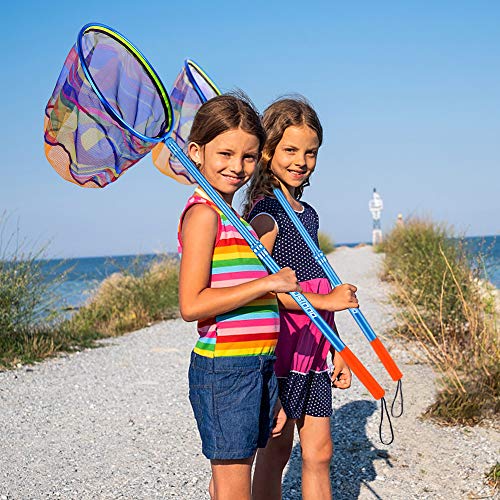 PLUSINNO Kids Fishing Net, Landing Net with Carbon Fiber Telescopic Pole Handle and Ultralight Aluminum Alloy Ring, Catch and Release Butterfly Net for Kids