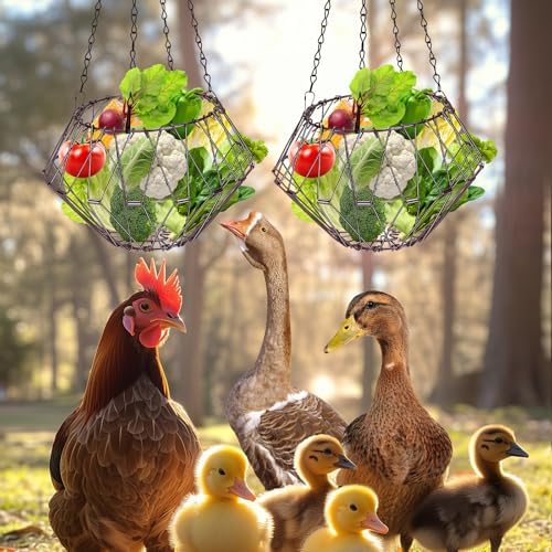 Hanging Chicken Feeder, Foldable 6.5inches Large Poultry Vegetable Fruits Feeder Basket with 17inches Hanging Chain, Veggie Treat Ball Boredom Toys for Chicken/Hens/Duck/Rabbit Coop, 2 Pack
