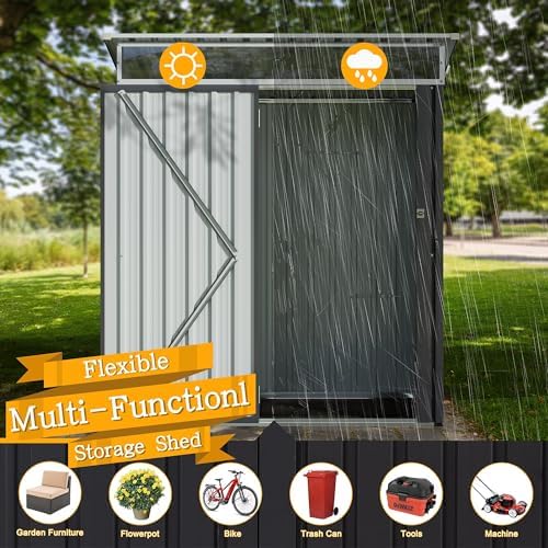 Shintenchi 5x3 FT Outdoor Storage Shed with Window, Outdoor Waterproof Storage Shed Metal Garden Shed with Lockable Single Door, Weather Resistant Tool Storage House Shed for Garden,Backyard,Dark Gray
