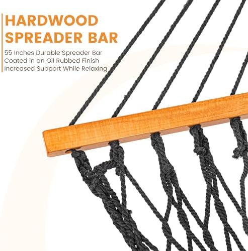 Lazy Daze Hammocks Double Rope Hammock, 2 Person Traditional Outdoor Hand Woven Cotton Rope Hammock with Spreader Bar, Chains, Tree Straps for Patio Yard - Max 450 Lbs, Dark Grey