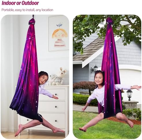 Sensory Swing for Kids & Adults Holds up to 300lbs Indoor & Outdoor Double Layer Therapy Cuddle Swing with 360° Swivel Hanger Kit for Calming, Effect for Autism, ADHD or SPD. (Galaxy Purple)