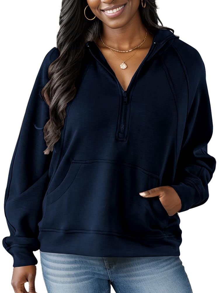 Nimsruc Half Zip Up Hoodies For Women Casual Sweatshirt Long Sleeve Quarter Zip Pullover Dark Blue XL