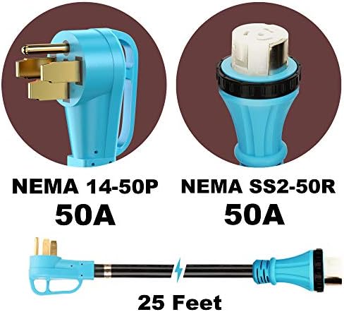 CircleCord UL Listed 50 Amp 25 Feet RV/Generator Cord with Locking Connector, Heavy Duty 6/3+8/1 Gauge STW Wire, 14-50P Male and SS2-50R Twist Locking Female for RV Camper and Generator to House