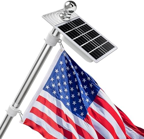 Flag Pole Kit with Solar Light and American Flag, 5 Ft Aluminum Silver No Tangle Spinning Pole, 2-Position Bracket, Easy Install-Outdoor, Commercial Use, 8 Hour Dusk to Dawn Auto On/Off