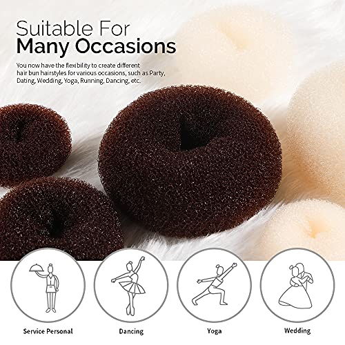 FANDAMEI Hair Donut Bun Makers Set - 4 Dark Brown & 4 Beige (2 Extra-Large, 2 Large, 2 Medium, 2 Small), 5 Elastic Bands, 20 Hair Pins
