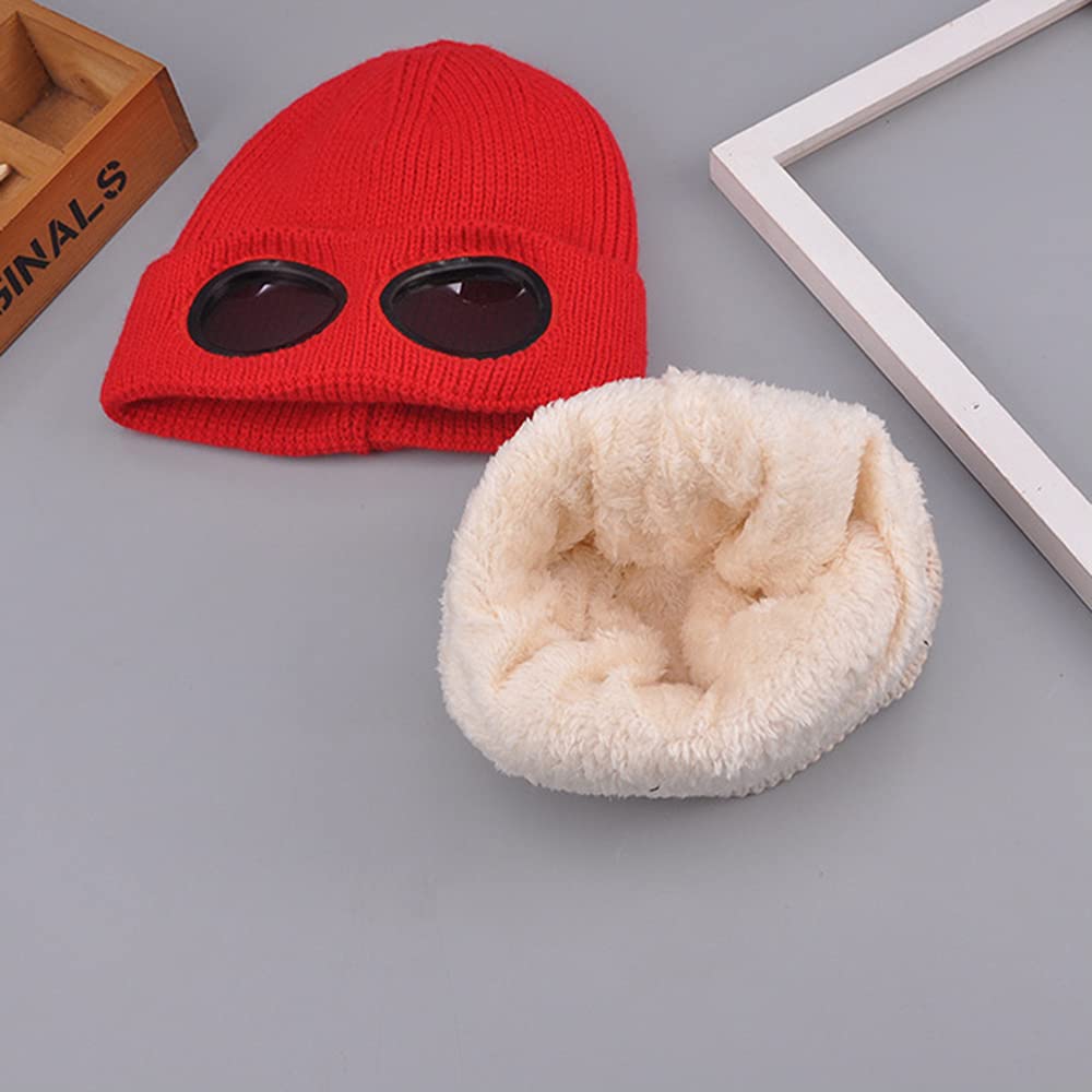 TecHong Unisex Knitted Goggles Beanie - Winter Stylish Skull Warm Cap, Outdoor Sports Fashion Fleece Lining Stretchy Hat Black