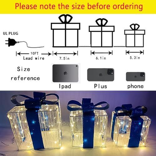 Christmas Decorations, Purtuemy Set of 3 Christmas Lighted Gift Boxes 140 LED Light up Xmas Present Ornament for Tree Indoor Outdoor Yard Holiday Door, Christmas Lights,Warm White, UL Plug
