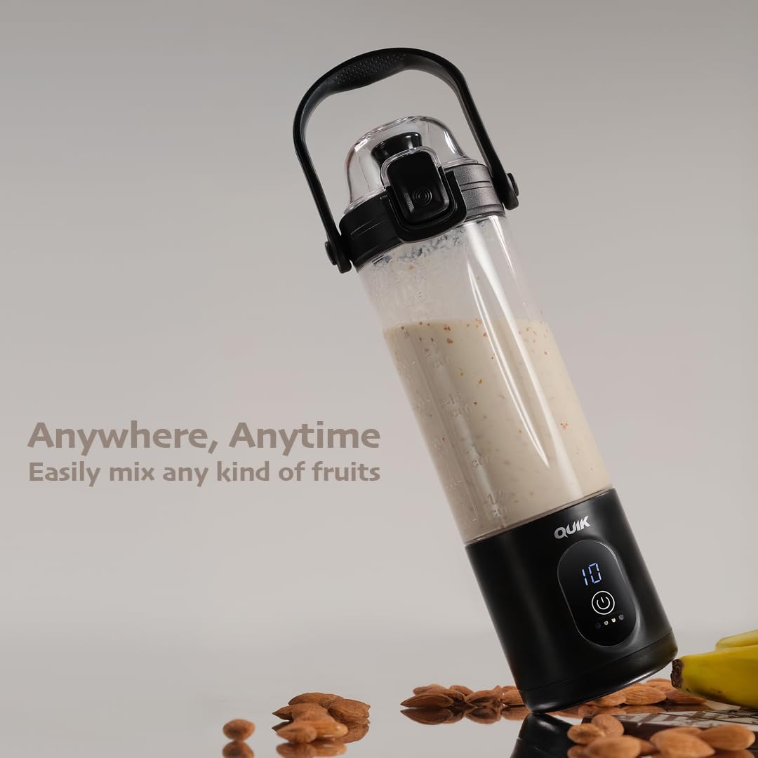 QUIK Portable Blender - Cordless 24oz. Personal Blender for Shakes and Smoothies, Licuadora, BPA Free - Ice Crush, Dishwasher safe parts, Waterproof, Triple Batteries, Juicer Cup, Black