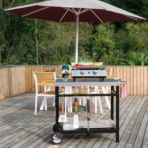 Royal Gourmet Dining Cart Table with Double-Shelf, Movable Stainless Steel Flattop Grill Cart, Hooks, Side Handle, Multifunctional PC3401S (Silver)