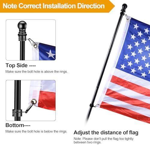 Black Flag Pole Kit for House, 5 FT Thickened Stainless Steel Outside Wall Mount Flagpole for 3x5' Flag, 1" Tangle Free Rotating Flag Pole Rings & 2-Position Bracket Holder for Porch