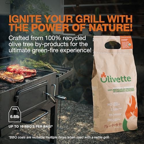 Organic Charcoal Briquettes by Olivette, Reusable Charcoal for Grilling, USDA Certified, Recycled Olive Tree Byproduct, Ready to Light BBQ Charcoal, 6.6 lb. Bag Equal to 20 lb. of a Regular Charcoal