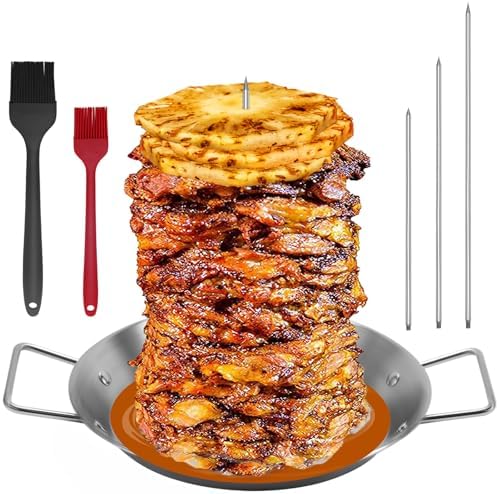 Al Pastor Skewer for Grill, Stainless Steel Vertical Skewer, Brazilian Vertical Spit with 3 Spikes(8”/10"/12”)& Brushes, for Tacos Al Pastor, Shawarma Kebabs Smoker Oven BBQ Dishes