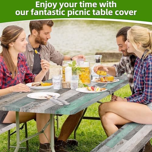 Picnic Table Cover with Bench Covers Farmhouse Waterproof Windproof Fitted Outdoor Tablecloth with Elastic Rectangle Table Cloth Camping Must Haves Rv Accessories,72x30 Inch (Wood Green)