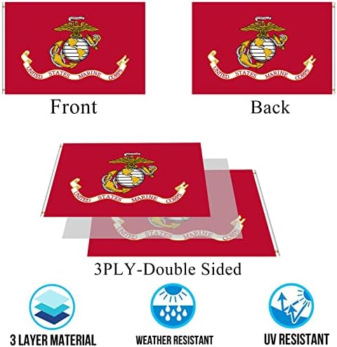 Embroidered Double Sided Marine Corps Flag 3x5 Outdoor-3Ply Heavy Duty 300D Nylon 4 Rows Sewn- All Weather United States Official Marine Corps Flag Banner for Indoor with 2 Brass Grommets