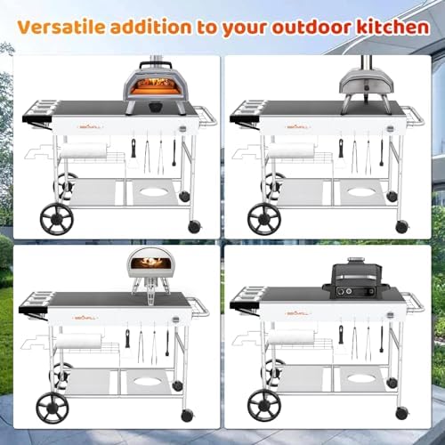 Pizza Oven Table Grill Cart with Pizza Topping Station Movable Food and Prep Workcart Outdoor Grill Table Stand for Ninja Woodfire Blackstone Griddle Cuisinart etc Grill