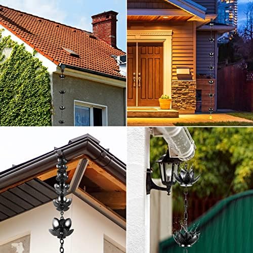 Oak Leaf Rain Chain, Lotus Rain Catcher Chain for Gutters Outside with Adapter, Rain Chain Cups to Replace Gutter Downspout, Divert Water and Home Display, 12 Cups, Adjustable,Black Powder Coated